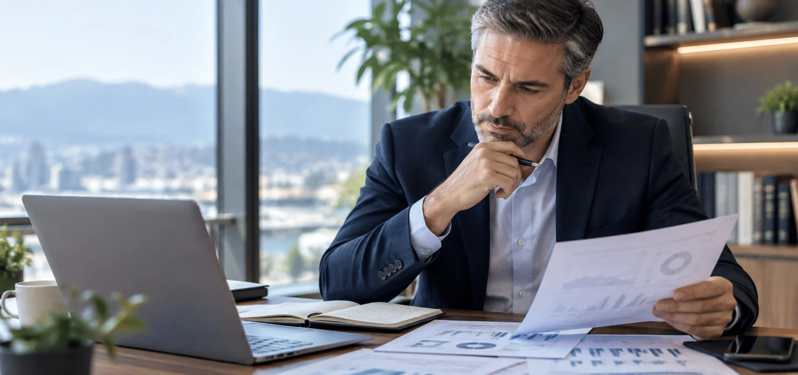 Profesional revisando documentación y antecedentes empresariales